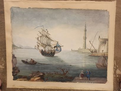 null ECOLE FRANCAISE du XIXe siècle			

Vue de port avec un vaisseau dans la rade...
