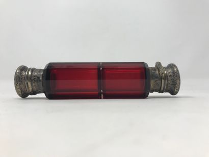 null Salt bottle with two compartments in red glass and chased and embossed metal...