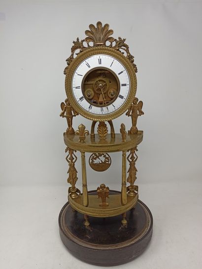 null Brass and gilt bronze clock with two galleries decorated with caryatids, angels,...
