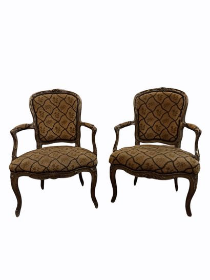 null Pair of cabriolet armchairs in grey-green relacquered wood, moulded and carved...