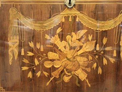 null RIGHT SECRETARY in veneered wood inlaid with draperies, flowering branches,...