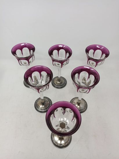 null Set of 6 small plum and white Rhine wine glasses mounted on silver pedestal....