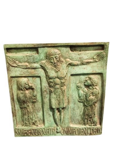 null Bronze plaque with green patina showing Christ "Misereatur vestri omnipotens...