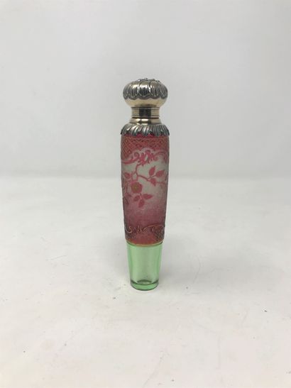 null Salt bottle in red overlay glass with floral decoration, acid-etched and partly...