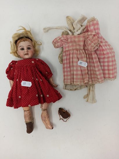 null German doll, with bisque head, open mouth, marked "GK" original articulated...