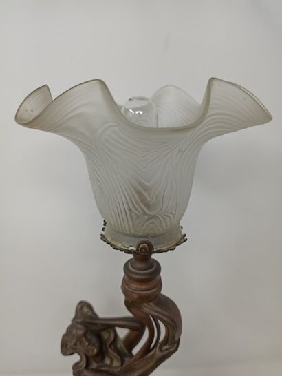 null Art Nouveau regule lamp base depicting a naked young woman with her long hair...