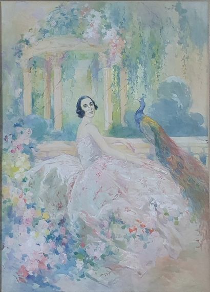 null DE PAREDES Vincente, 1845-1903,

Élégante au paon dans un parc fleuri,

gouache...