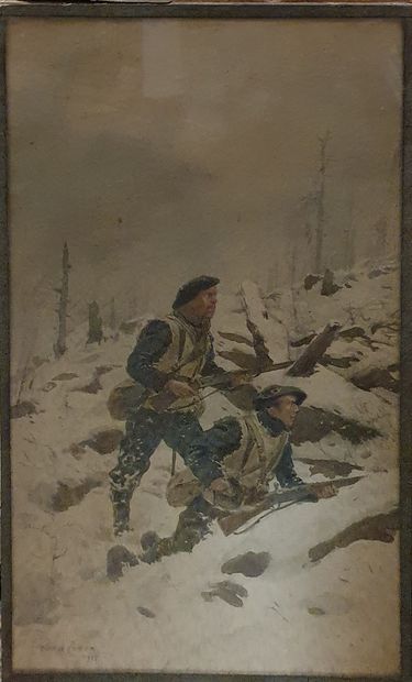 null COMBA Pierre (1859-1934) 

chasseurs alpins à l'affût, 1915

aquarelle, signée...