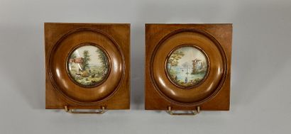 null Pair of miniatures representing a scene in a farm and a river bank, signed G....