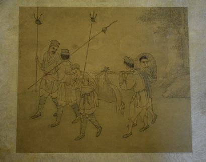 null Chine, suite de trois peintures sur papier représentant des paysans.

24 x ...