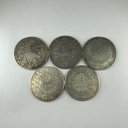 null CONSULATE AND EMPIRE 

Lot of five silver five franc coins

Year 11 A, year...