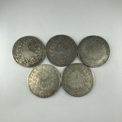 null CONSULATE AND EMPIRE 

Lot of five silver five franc coins

Year 11 A, year...