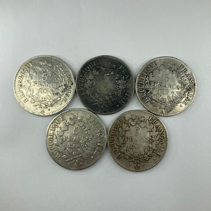 null CONVENTION AND DIRECTOIRE

Lot of five Union and Force five franc coins 

Year...