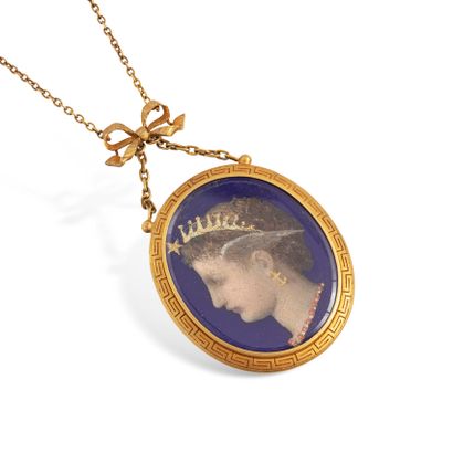 null 18K (750) yellow gold necklace with a painted miniature on a blue background...