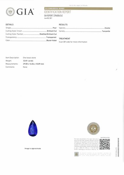 null Tanzanite pear on paper. 

Accompanied by a certificate GIA. 

Weight : 32.81...