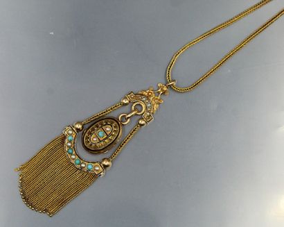 null 18K (750) yellow gold pocket watch chain with tassels, decorated with turquoise...