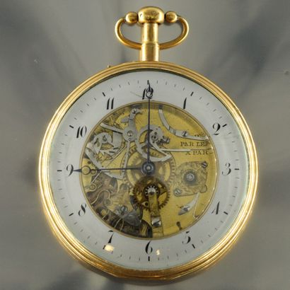 null ANONYMOUS 

Early 19th century 

Gold skeleton watch with quarter repetition....