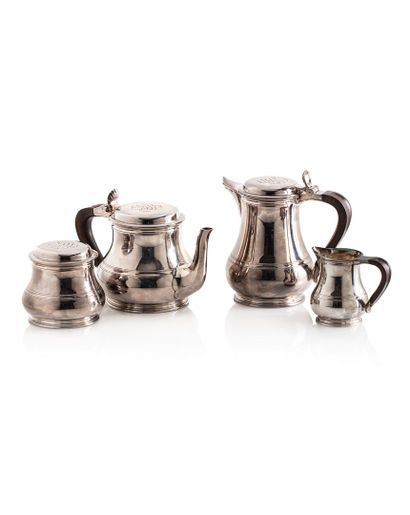 null Silver tea and coffee set (950) of baluster form, standing on a frame, girdled...