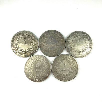 null CONSULAT ET EMPIRE 

Lot de cinq pièces de cinq francs en argent

An 11 A, an...