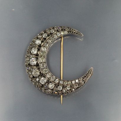 null Brooch in two-tone 18K (750) gold in the form of an openwork crescent moon set...