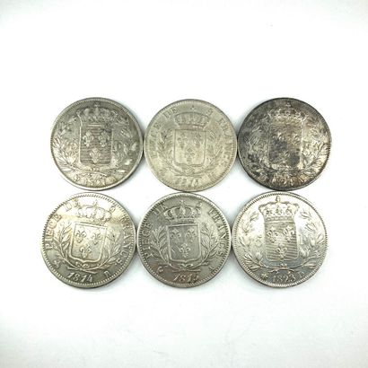 null LOUIS XVIII 

Lot de six pièces de 5 francs en argent 

1814 B, 1815 A et M,...