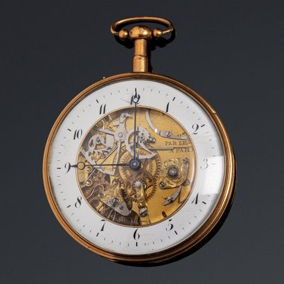 null ANONYMOUS 

Early 19th century 

Gold skeleton watch with quarter repetition....