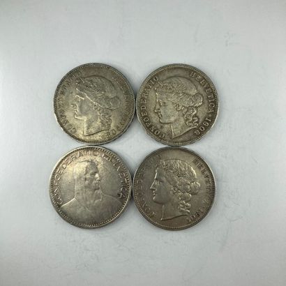 null CONFEDERATION SUISSE 

Lot de quatre pièces de 5 francs en argent 

1907, 1908...