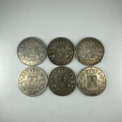 null CHARLES X

Lot of six 5 francs silver coins 

1825 B, 1826 A, 1827 A, 1828 A,...