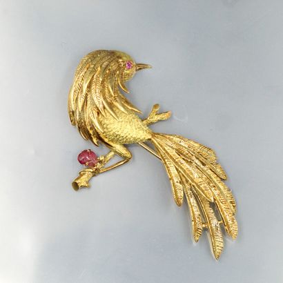 null 18K (750) yellow gold stylized brooch with a bird on a branch, holding a fruit...