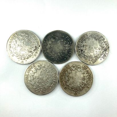 null CONVENTION AND DIRECTOIRE

Lot of five Union and Force five franc coins 

Year...