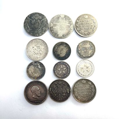 null RUSSIE 

Lot de douze monnaies d'argent de 1768 à 1922

Roubles : 1768, 1798,...