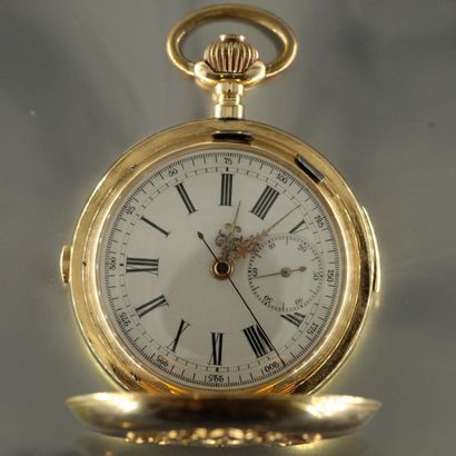 null 18k (750) gold pocket watch with quarter repeater and chronograph. Round case...