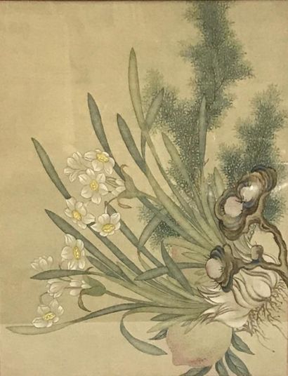 null CHINA - 19th century

Ink on silk, peaches and iris and lingzhi. 

Size at sight:...