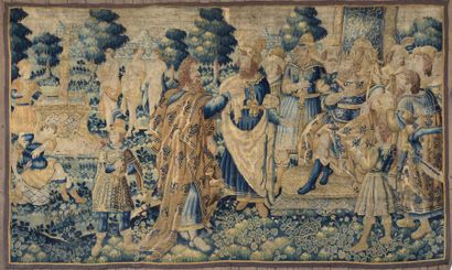 null Wool and silk tapestry relating to the history of Troy. On the left, in the...
