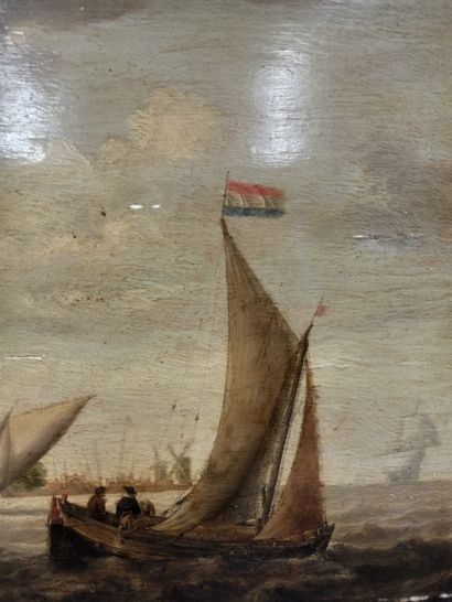  ECOLE HOLLANDAISE du XVIIe siècle	 
		 
Barques aux abords d'un port 
Huile sur...