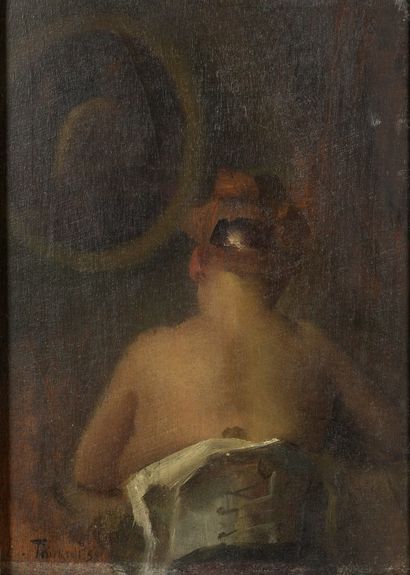  TOURNES Étienne, 1857-1931 
Femme à sa toilette 
huile sur panneau (quelques traces...