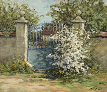  CHEVALIER-MILO Émile Louis Auguste, XIXe-XXe siècle 
La porte du jardin au printemps...