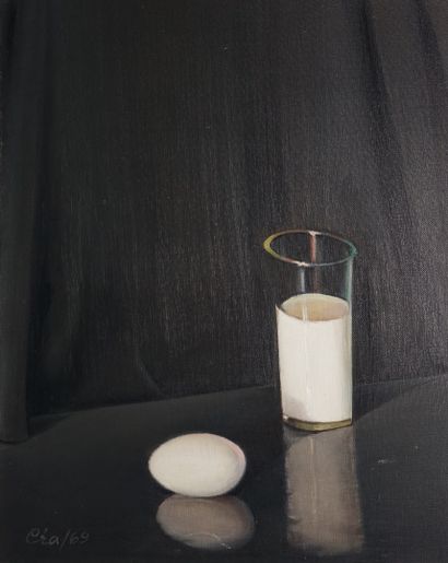  LEONDARITOU Rea, 1910-1992 
Verre de lait et oeuf, 1969 
huile sur toile 
signée...