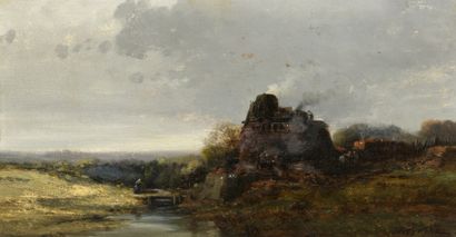  NOËL Jules Achille, 1810-1881 
Paysans et moulin près d’un ruisseau 
huile sur carton...