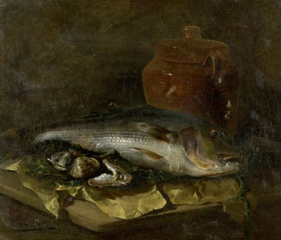 null DECOREIS Pierre, 1834-1902

Sea bass, clams and oyster, 1874

oil on canvas...