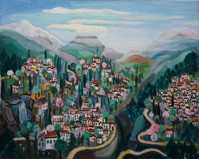  HATZIMICHALI Ersi, 1921-2001 
Village in a valley 
acrylic on canvas 
unsigned 
40...