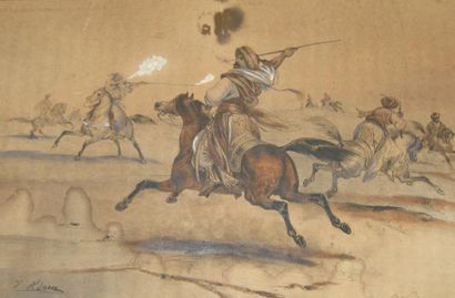 ADAM VICTOR, 1801-1866 Les cavaliers crayon noir et aquarelle, signé en bas à gauche,...