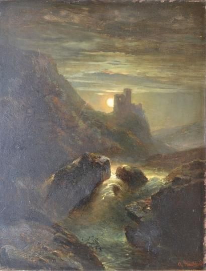 BAUDIT AMÉDÉE, 1825-1890 Torrent et château au clair de lune, 1868 huile sur panneau,...
