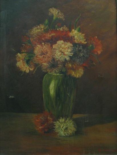 BERLAND M., DÉBUT XXE SIÈCLE Bouquet au vase vert huile sur toile (accidents), signée...