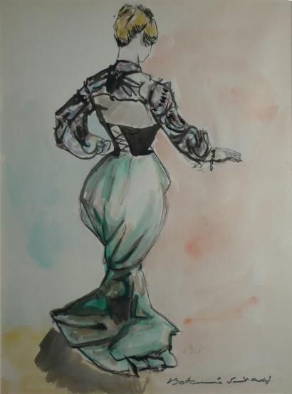 BERTHOMMÉ-SAINT-ANDRÉ LOUIS, 1905-1977 Élégante au corset de dos aquarelle, monogramme...