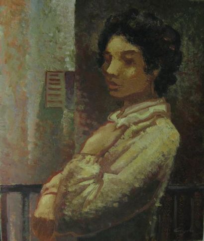 CAYOL PIERRE, NÉ EN 1940 Femme au balcon huile sur toile, signée en bas à droite,...