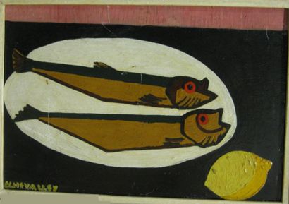 CHEVALLEY EDMOND, XXE SIÈCLE Les poissons, octobre 1952 huile sur carton, signé en...