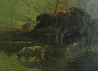 ÉCOLE DÉBUT XXE SIÈCLE Vaches à la mare au crépuscule, 1911 huile sur toile (petits...