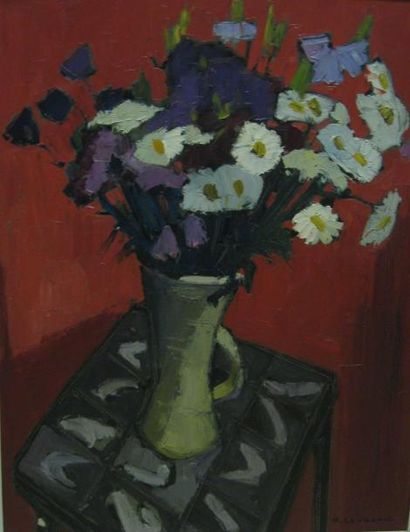 LEYGONIE PIERRE, NÉ EN 1923 Bouquet champêtre au fond rouge, Huile sur toile, signée...