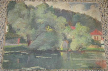 MOREAU SERGE HENRI, 1892-1963 Bord de fleuve huile sur carton, signé en bas à droite,...